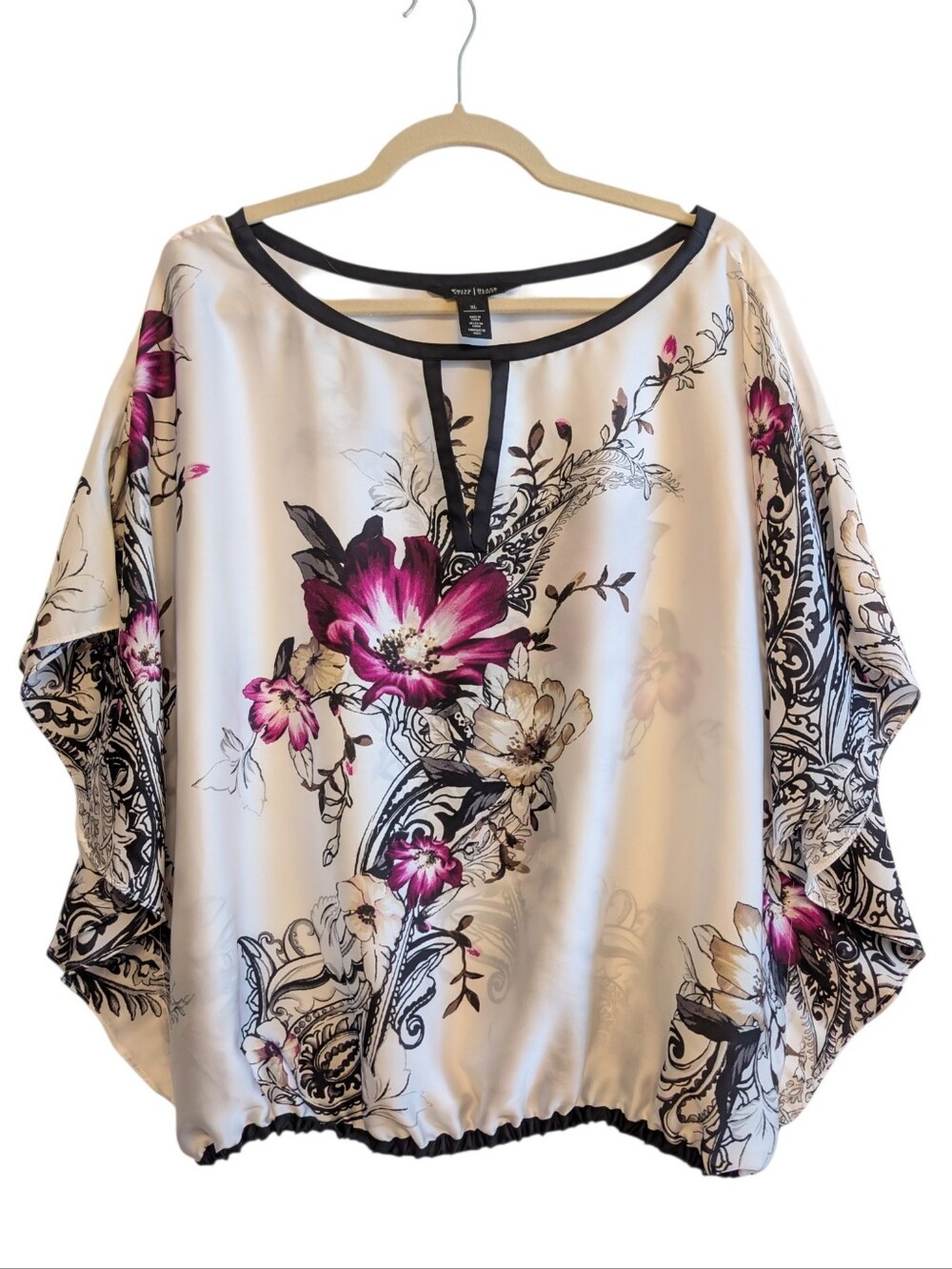 White House Black Market Women's Satin Blouse Floral Batwing XL Black Purple